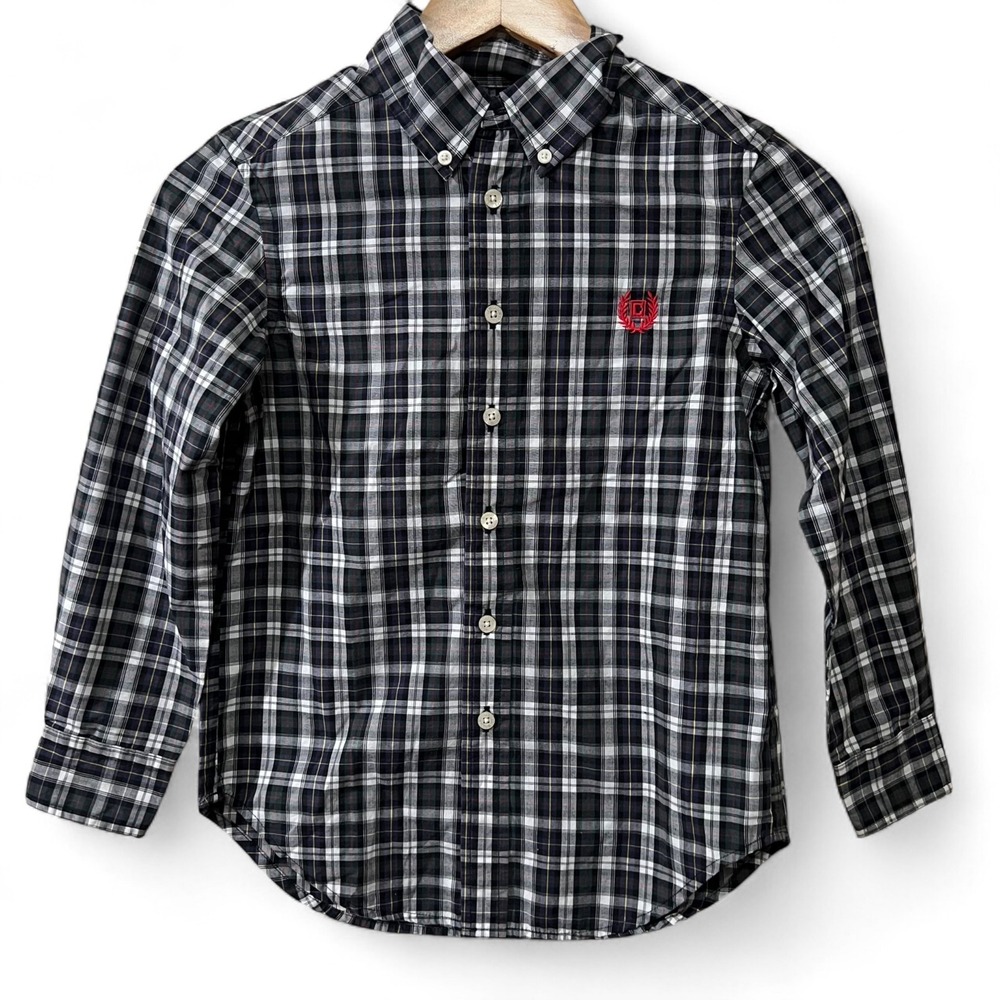 Chaps Kids Button‎ Down Shirt Boys Small 8 Navy Blue Plaid Long Sleeve Preppy